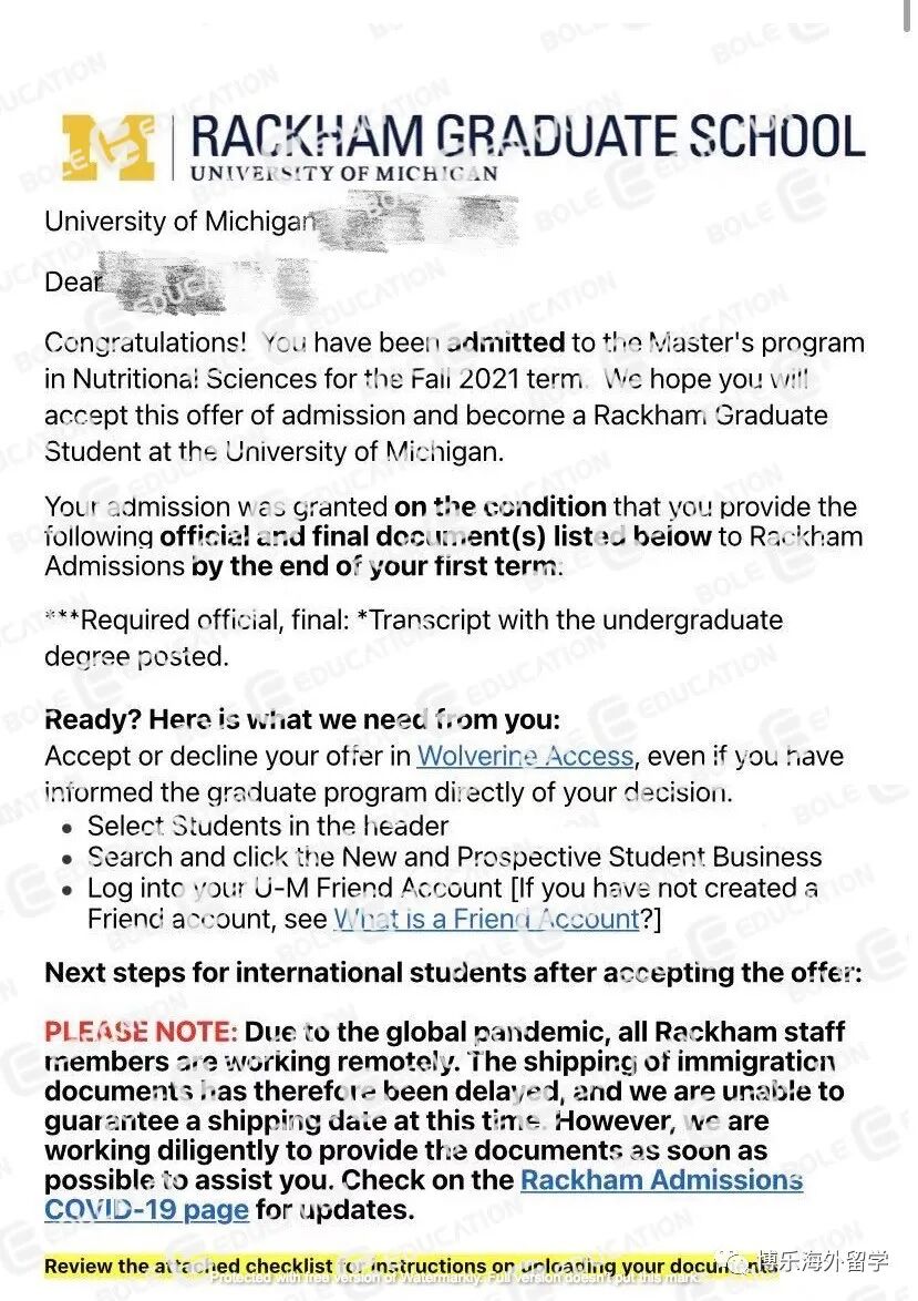 密歇根大学营养学硕士录取通知书 - 博乐教育成功案例